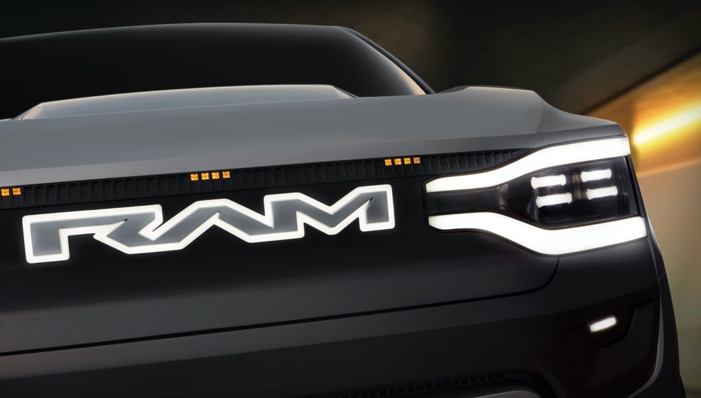 Ram 1500 Revolution Battery-electric Vehicle (BEV) Concept grille, badging and tuning fork headlight Ram 1500 Revolution Battery-electric Vehicle (BEV) Concept grille, badging and tuning fork headlight