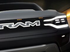 New Midsize Ram Slated To Debut for 2027 Ram 1500 Revolution Battery-electric Vehicle (BEV) Concept grille, badging and tuning fork headlight